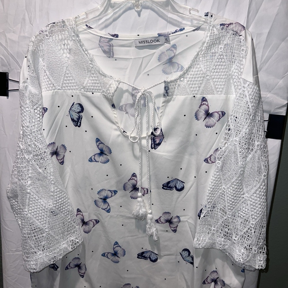 White Butterfly Crochet Sleeve Blouse XL – Boho Sheer Print Top Whimsy Nature